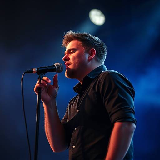 Artista che canta con passione su un palco illuminato da luci soffuse nel videoclip 'Eco di Stelle'