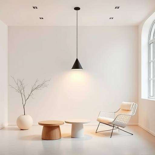 Design elegante del prodotto 'Aura' illuminato da un fascio di luce, in un ambiente minimalista