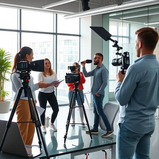 Team di Visione Sonora che dirige una ripresa in un ufficio moderno per il video corporate 'Innovazione Futura'