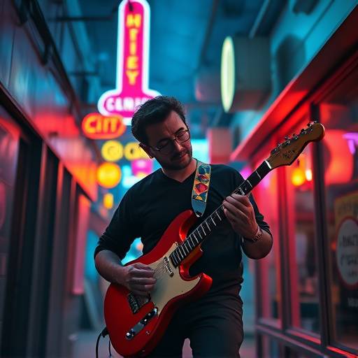 Un musicista suona la chitarra elettrica con passione sotto i neon di un vicolo cittadino