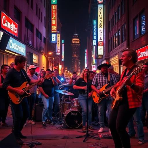 Una band che suona con energia in un contesto urbano notturno per la performance live 'Risonanza Urbana'