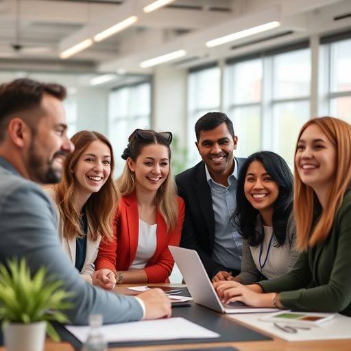 Vista d'insieme di un team sorridente che collabora in un ufficio moderno per il video corporate 'Innovazione Futura'